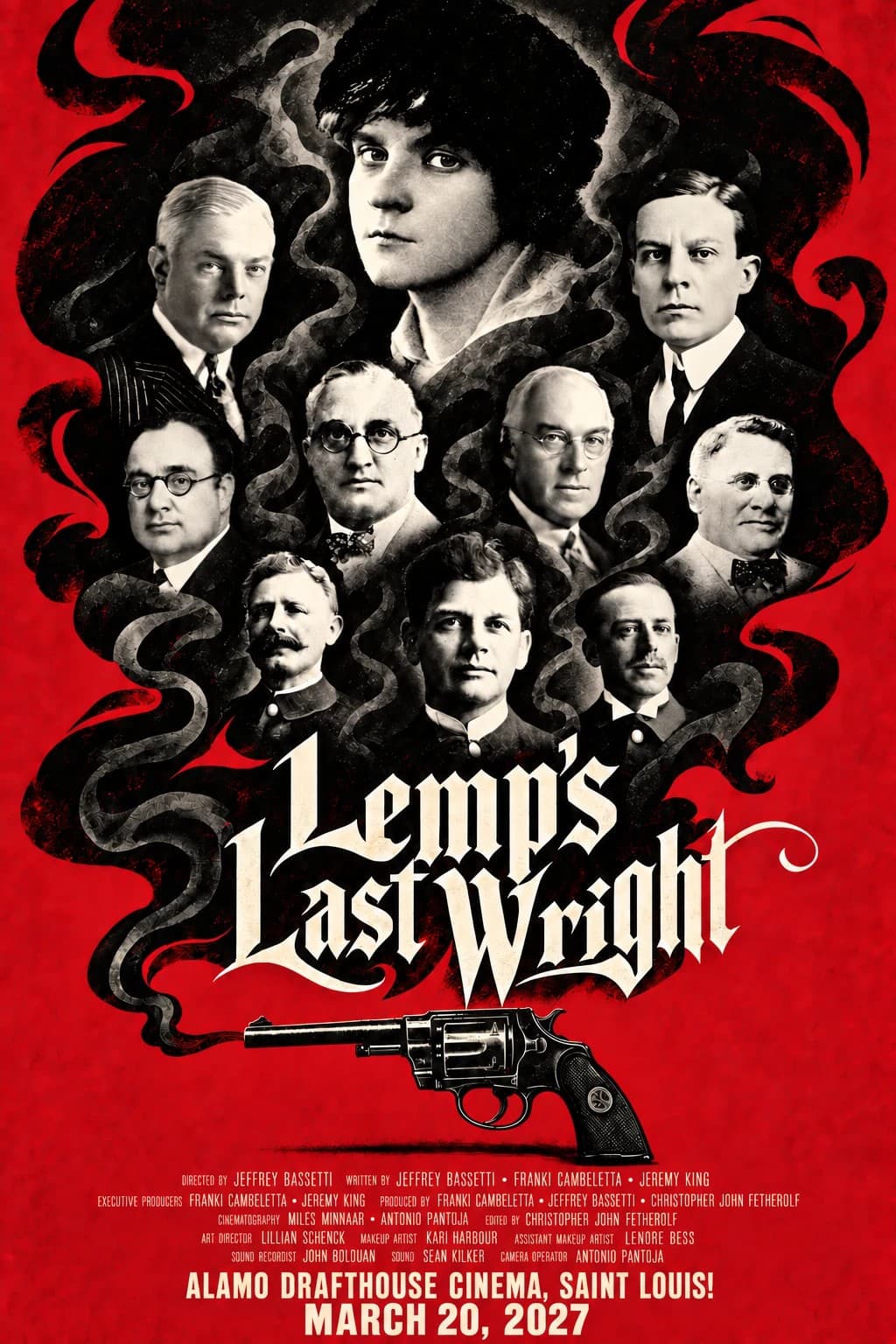 Lemp's Last Wright poster: portraits of the Lemp family rising in black smoke from a revolver, on a red ground