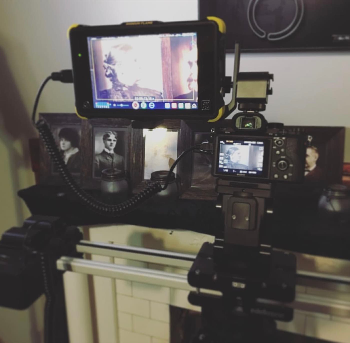 A camera rig and field monitor on a Shift Films set